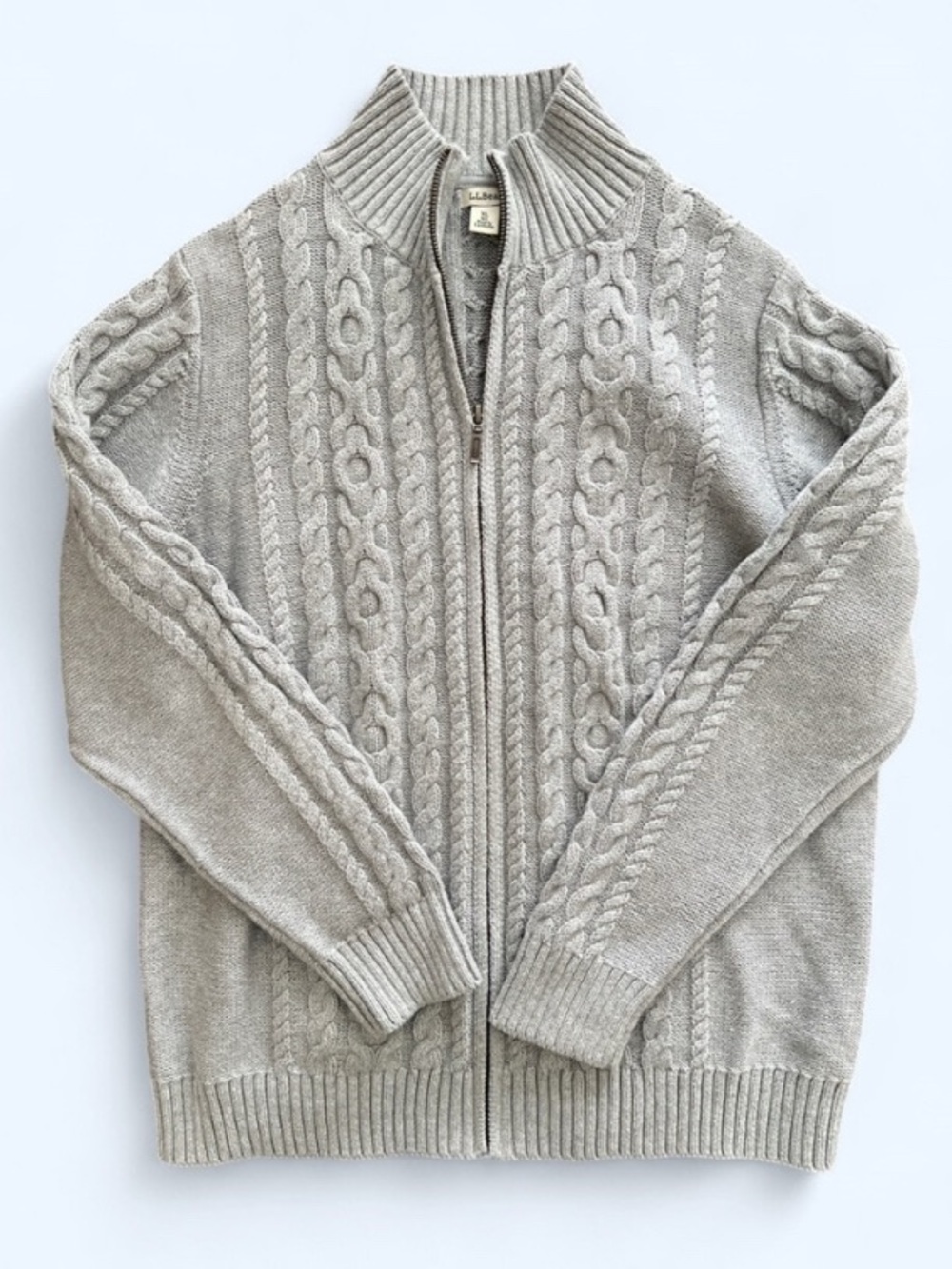 L.L. Bean Men’s Grey 100% Cotton Cable Knit Full Zip Sweater XL
